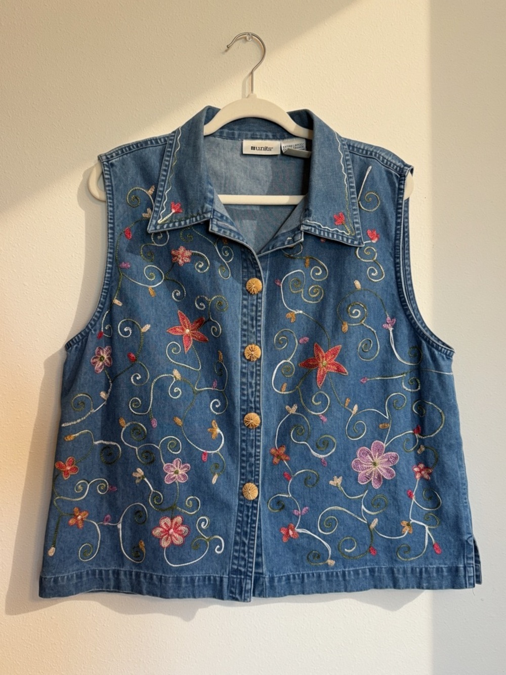 Vintage 90s Units Embroidered Floral Denim Vest - XL
